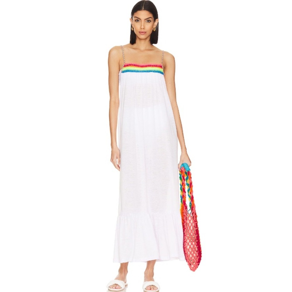 Pitusa Braided Lowb Back Dress White Rainbow Crochet Maxi Cover Up Beach NWT OS